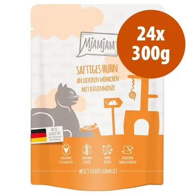Mjamjam Saftiges Huhn an leckeren Möhrchen mit Katzenminze, confezione 24x300g. Testo tedesco visibile, bandiera tedesca e icone con informazioni su qualità, proteine, cereali, taurina. Mjamjam Saftiges Huhn an leckeren Möhrchen mit Katzenminze, confezione 24x300g. Testo tedesco visibile, bandiera tedesca e icone con informazioni su qualità, proteine, cereali, taurina.