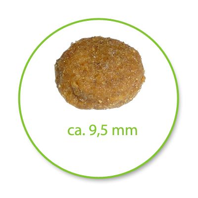 Форма гранулы корма, диаметр около 9,5 мм (ca. 9,5 mm) указан под изображением.