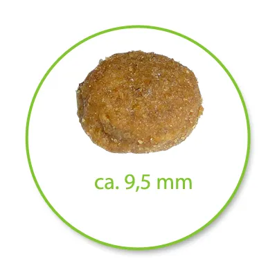 Форма гранулы корма, диаметр около 9,5 мм (ca. 9,5 mm) указан под изображением.