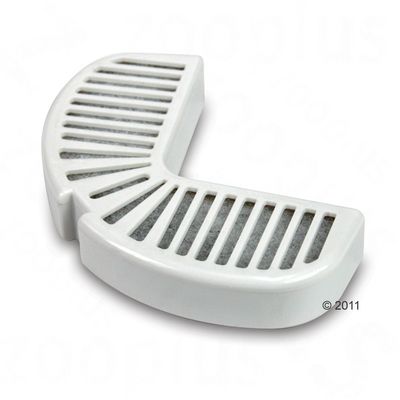 Filtre en plastique blanc en forme de demi-cercle avec grille et insert gris visible à l'intérieur. Aucun texte ou marque apparente sur le produit.