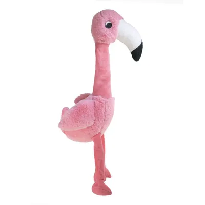 Rosa Plüschspielzeug in Form eines Flamingos mit langen Beinen und schwarzem Schnabel.