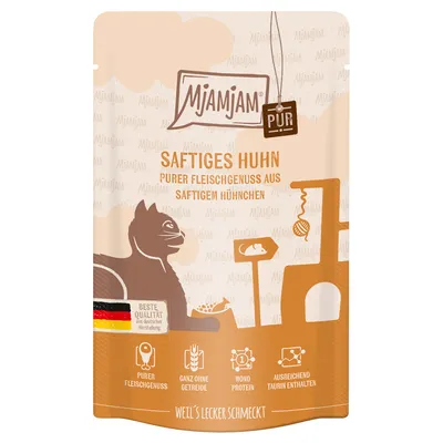 Mjamjam PUR Saftiges Huhn, Beste Qualität aus deutscher Herstellung, purer Fleischgenuss, sans céréales, mono protéine, taurine suffisante. Texte en allemand.