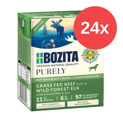 Bozita Purely Adult Dog, 24x paquete, ternera y alce, sin cereales, 11% proteína, 6% grasa, 97% carne fresca, sin azúcar, sin colorantes, hecho en Suecia.
