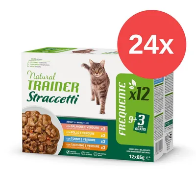 Natural Trainer Straccetti, 24x boîte de 12 sachets de 85g. Variétés : saumon, poulet, thon, dinde avec légumes. Sans colorants, conservateurs ni arômes.