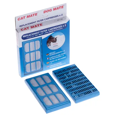 Box of two replacement filter cartridges for Cat Mate and Dog Mate pet fountains, showing the filters and multilingual text stating two cartridges included. Box of two replacement filter cartridges for Cat Mate and Dog Mate pet fountains, showing the filters and multilingual text stating two cartridges included.