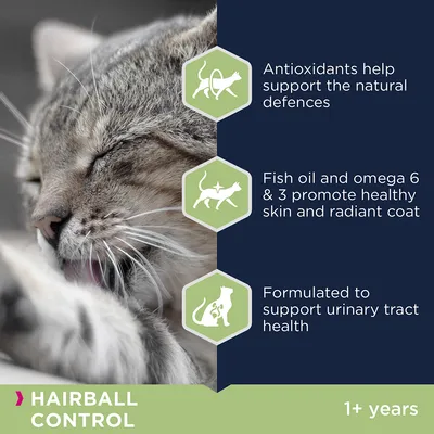 Antioxidants support natural defences, fish oil and omega 6 & 3 promote healthy skin and coat, formulated for urinary tract health. Hairball control for cats aged 1+ years.