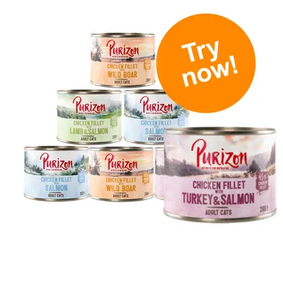 Purizon tins for adult cats: Chicken Fillet with Wild Boar, Lamb & Salmon, Salmon, Turkey & Salmon. Orange badge reads Try now! 200g on each tin.