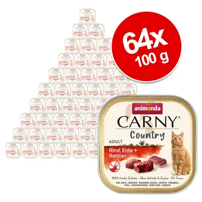 Animonda Carny Country Adult, Rind, Ente & Rentier. 64x 100g. 100% frische Zutaten, ohne Getreide & Zucker, mit Taurin.