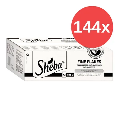 Sheba Fine Flakes Delikatesse, 144x 85g, Geflügel-Variation. Verpackung mit Hinweis auf hochwertige Zutaten.