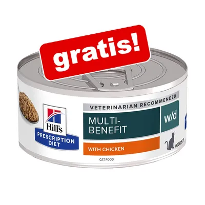 Conservă Hill's Prescription Diet Multi-Benefit w/d cu pui pentru pisici, etichetă cu textul „gratis!” pe ambalaj. Text vizibil: VETERINARIAN RECOMMENDED, WITH CHICKEN, CAT FOOD.