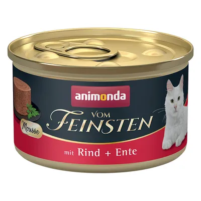 Animonda Vom Feinsten Mousse marhával és kacsával, nedves eledel macskáknak aranyszínű dobozban.
