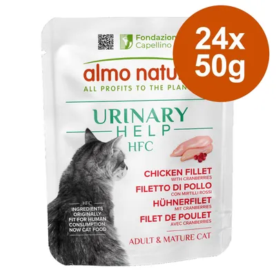 Almo Nature Urinary Help HFC, chicken fillet with cranberries, 24x50g, suitable for adult and senior cats. Ingredients originally fit for human consumption.