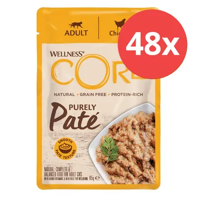 Wellness CORE Purely Paté für erwachsene Katzen, natürlich, getreidefrei, proteinreich, glatte Paté-Textur. Packung mit 48 Stück à 85g.