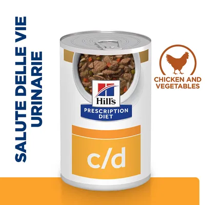 Hill's Prescription Diet c/d, salute delle vie urinarie, chicken and vegetables, lattina con carne e verdure visibili, testo in inglese e italiano sull'immagine.