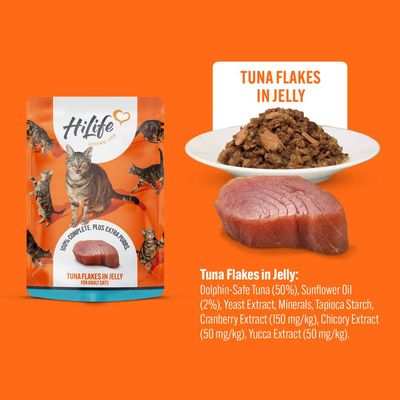 Tuna flakes in jelly ingredients: dolphin-safe tuna 50%, sunflower oil 2%, yeast extract, minerals, tapioca starch, cranberry, chicory and yucca extracts. Product shown in bowl and packaging.