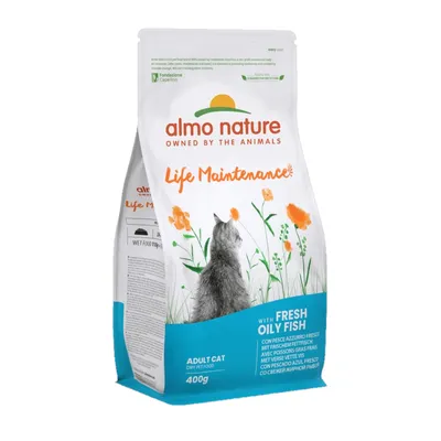 Almo Nature Life Maintenance dry food for adult cats, 400g, with fresh fatty fish. Packaging shows cat and floral motif.