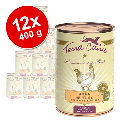 Lot de 12 boîtes Terra Canis Huhn, 400 g chacune. Texte visible : Huhn mit Tomaten, Amaranth & Basilikum, Chicken with tomato, amaranth & basil, 100 % Natur.