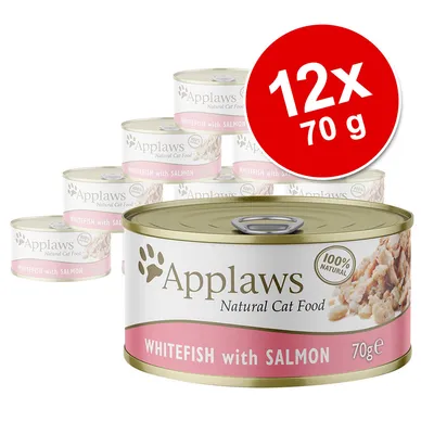 Applaws Natural Cat Food WHITEFISH with SALMON, 12×70 g, konzervy s nápisem 100% natural na obalu