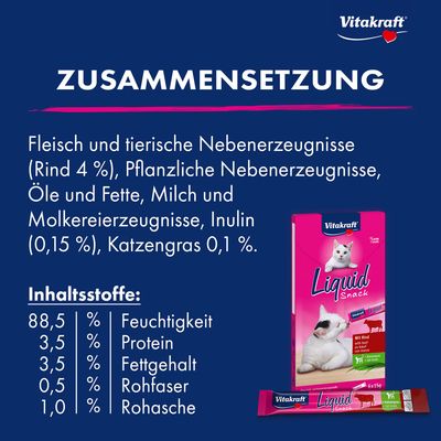 Vitakraft Liquid Snack mit Rind und Katzengras, ohne Farb- und Konservierungsstoffe, Low Calorie, Packung mit 6 x 15g.