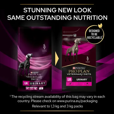 Image shows new and old packaging for Pro Plan Veterinary Diets UR Urinary, highlighting a new look with the same nutrition and that the bag is designed to be recyclable for 1.3 kg and 3 kg packs.