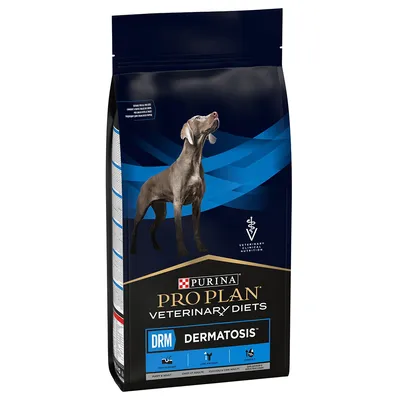 Purina Pro Plan Veterinary Diets DRM Dermatosis, храна за кучета за здраве на кожата. Подходяща за кученца и възрастни. Ниско съдържание на мазнини. Подпомага кожа и козина.