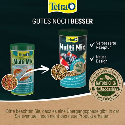 Tetra Multi Mix mit neuem Design und verbesserter Rezeptur, Hinweis auf natürliche Inhaltsstoffe ohne Zusatz von Konservierungsstoffen oder Farbstoffen.