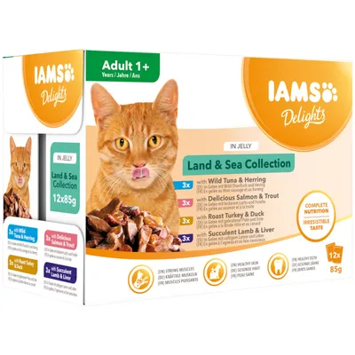 IAMS Delights Land & Sea Collection em gelatina, Adulto 1+, 12x85g. Contém atum selvagem e arenque, salmão e truta, peru e pato, cordeiro e fígado. Para músculos fortes e pele saudável.