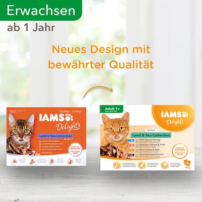 IAMS Delights Land & Sea Collection kissanruoka, kaksi pakkausta: vanha ja uusi ulkoasu. Teksti: Neues Design mit bewährter Qualität. Adult 1+, 12x85g.