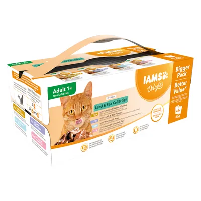 IAMS Delights Land & Sea Collection para gatos a partir de 1 año. 48x85g de comida húmeda en cuatro variedades: pollo, cordero, atún, salmón.