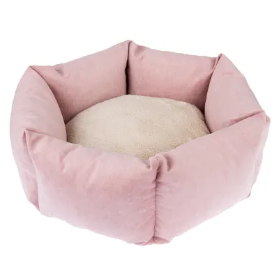Zeshoekig huisdierenbed met hoge roze stoffen randen en een beige, pluche ligvlak. Materiaal: stof en pluche. Geen merknaam zichtbaar.