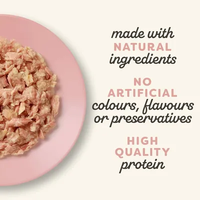 Text states: made with natural ingredients, no artificial colours, flavours or preservatives, high quality protein. Image shows shredded food on a pink plate.