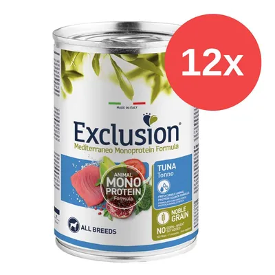 Exclusion Mediterraneo Monoprotein Formula, Made in Italy, Tuna, Animal Monoprotein, Noble Grain, ohne Mais, Weizen, Soja. 12x Dose.