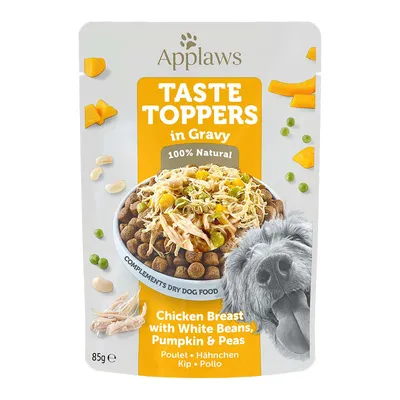 Applaws Taste Toppers in Gravy, 100 % Natural, poitrine de poulet avec haricots blancs, potiron et pois, 85 g. Compléments pour croquettes chien. Texte en anglais et autres langues visible.