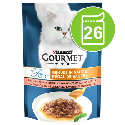 Purina Gourmet Perle nydelse i sauce med laks i en sauce med fin grillet laksesmag. Emballagen viser en hvid kat og serveret kattefoder med sauce.