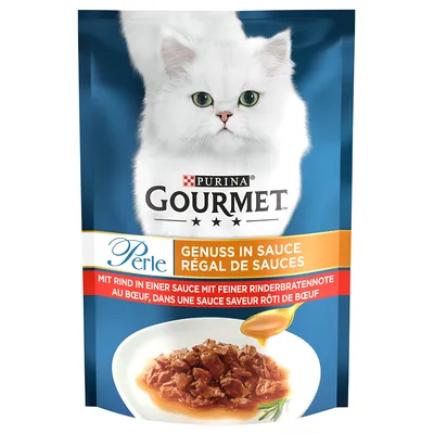 Purina Gourmet Perle Genuss i sås, med nötkött i en sås med fin stekt nötköttssmak. Förpackningen visar en vit katt och serverad produkt.