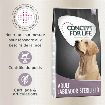 Concept for Life Adult Labrador Sterilised, nourriture sur mesure, contrôle du poids, cartilage & articulations, développé avec vétérinaires et experts nutrition. Texte en anglais visible.