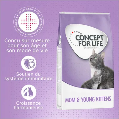 CONCEPT FOR LIFE Mom & Young Kittens, conçu sur mesure pour son âge et mode de vie, soutien du système immunitaire, croissance harmonieuse. Developed with veterinarians & nutrition experts.