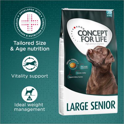 CONCEPT FOR LIFE Large Senior, alimento per cani anziani di taglia grande, supporto vitalità e gestione peso ideale. Testo in inglese: Tailored Size & Age nutrition, Vitality support, Ideal weight management.