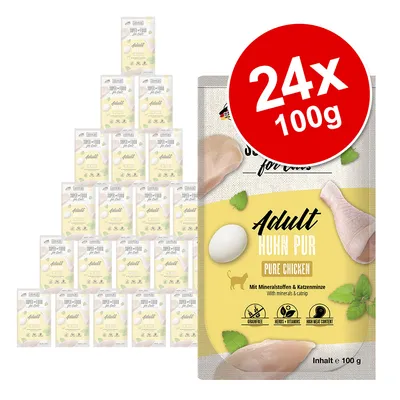 24x100g Superfood for Cats Adult Huhn Pur. Ásványi anyagokkal, macskamentával, gabonamentes, magas hústartalom. Tartalom: 100g tasakonként.