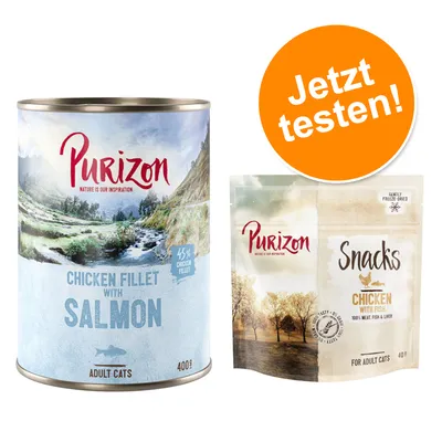 Purizon Chicken Fillet mit Lachs, 400g Dose für erwachsene Katzen. Purizon Snacks Chicken mit Fisch, 40g Beutel. Jetzt testen! Orangefarbener Button.
