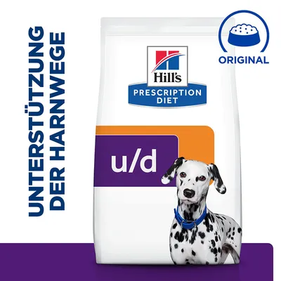 Sac Hill's Prescription Diet u/d, texte visible : 'UNTERSTÜTZUNG DER HARNWEGE', mention 'ORIGINAL', image d’un chien dalmatien devant l’emballage.