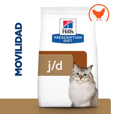Hill's Prescription Diet j/d, imagen de un gato, símbolo de pollo, texto: MOVILIDAD.