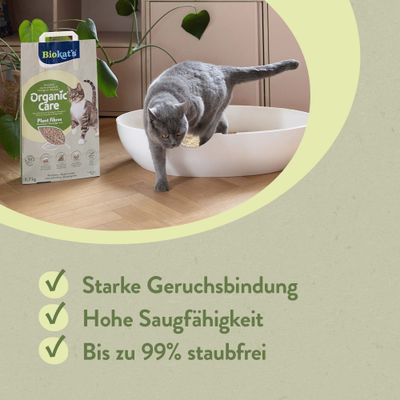 Biokat's Organic Care Plant fibres Katzenstreu, Katze in Katzentoilette. Starke Geruchsbindung, hohe Saugfähigkeit, bis zu 99% staubfrei.