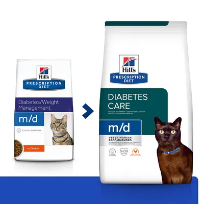 Hill's Prescription Diet m/d kissanruokapakkausten uudistus: Diabetes/Weight Management vaihtuu nimeen Diabetes Care. Molemmissa pakkauksissa kissa ja tuotetiedot näkyvissä.