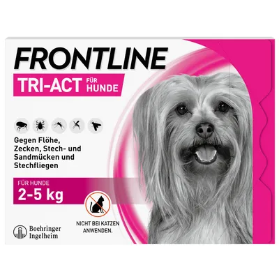 Frontline Tri-Act für Hunde, gegen Flöhe, Zecken, Stech- und Sandmücken sowie Stechfliegen. Für Hunde 2-5 kg. Nicht bei Katzen anwenden. Boehringer Ingelheim.