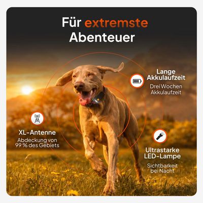 Für extremste Abenteuer: XL-Antenne mit 99% Abdeckung, lange Akkulaufzeit von drei Wochen, ultrastarke LED-Lampe für Sichtbarkeit bei Nacht.