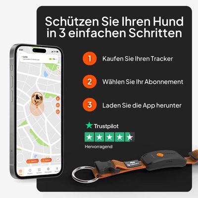 Schützen Sie Ihren Hund in 3 Schritten: 1. Tracker kaufen, 2. Abonnement wählen, 3. App herunterladen. Trustpilot Bewertung: Hervorragend mit 5 Sternen.
