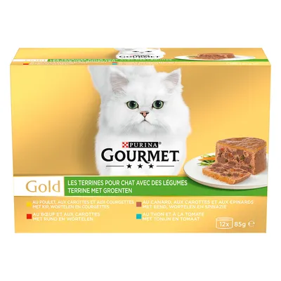 Purina Gourmet Gold Terrinen für Katzen mit Gemüse, 12x85g. Sorten: Huhn mit Karotten und Zucchini, Ente mit Karotten und Spinat, Rind mit Karotten, Thunfisch mit Tomate.