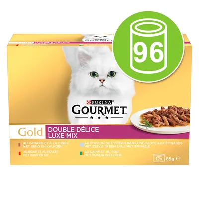 Purina Gourmet Gold Double Délice Luxe Mix, 12x85g. Sorten: Ente & Pute, Rind & Huhn, Fisch in Spinatsauce, Kaninchen & Leber. Grünes Symbol mit Zahl 96.