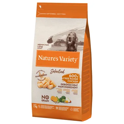 Sac Nature's Variety Selected 2 kg, texte visible : 600 g free range chicken, deboned meat main ingredient, no grain, medium/maxi (+10 kg) adult, traçabilité garantie. Texte en anglais.